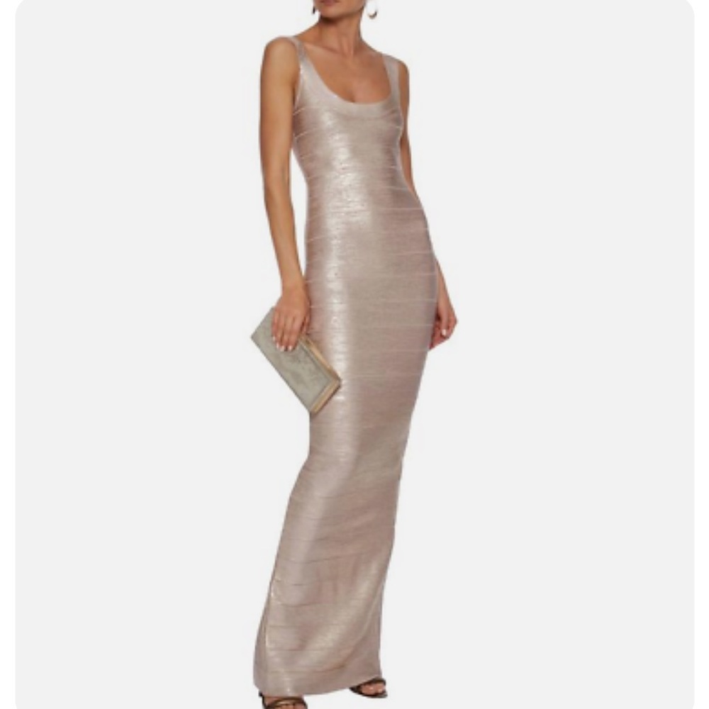 Herve leger round u scoop neck gown rose gold foil